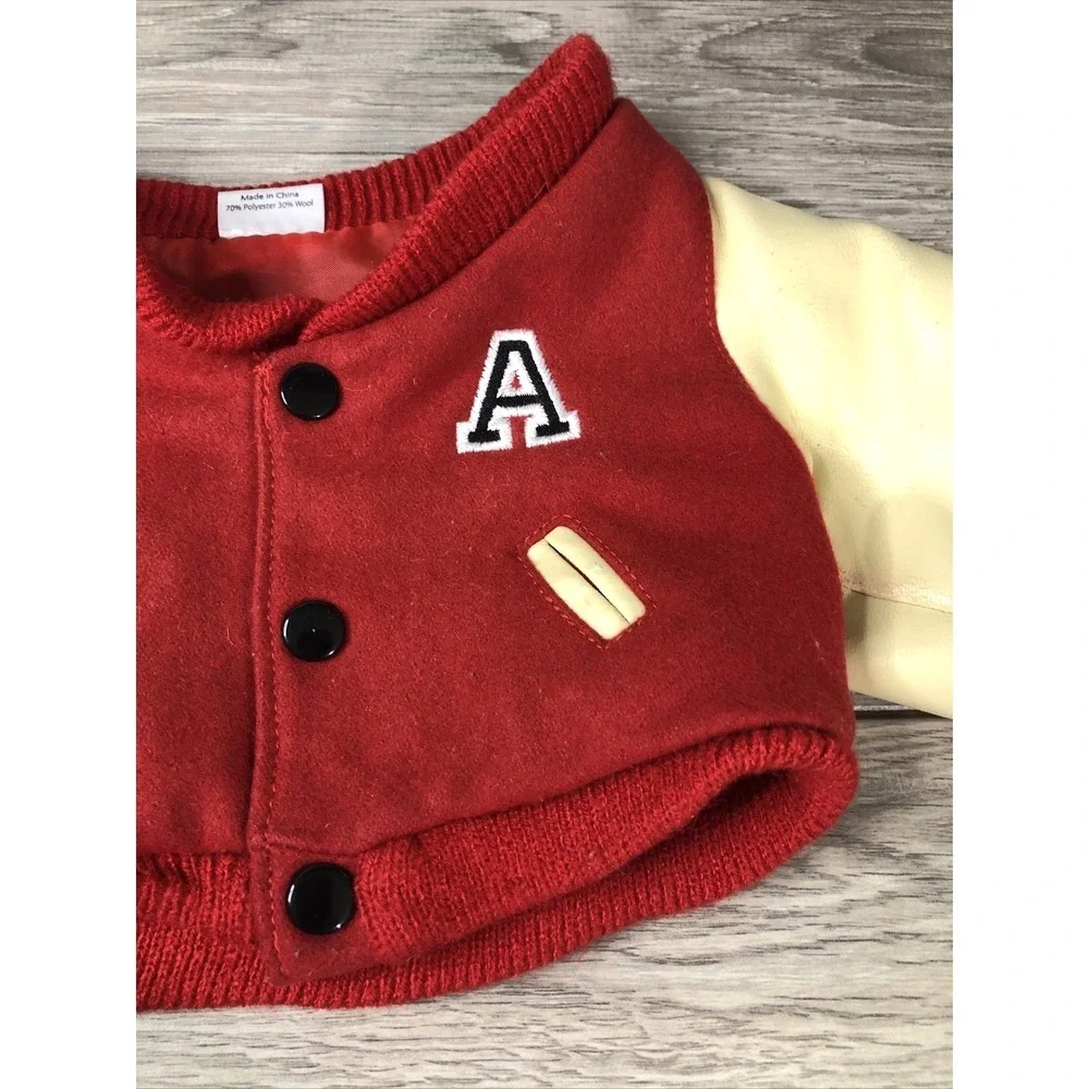Miniature Red Wool Varsity Letterman Jacket for Pet or Doll Cream Sleeves Size S